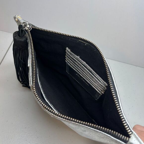 Sam Edelman Alia Lace Floral Leather Clutch Bag Designer Silver Black Tassel - Picture 7 of 10